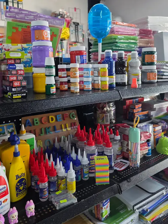 Botes de pintura y resistol de colores en el estante, con material de manualidades detrás