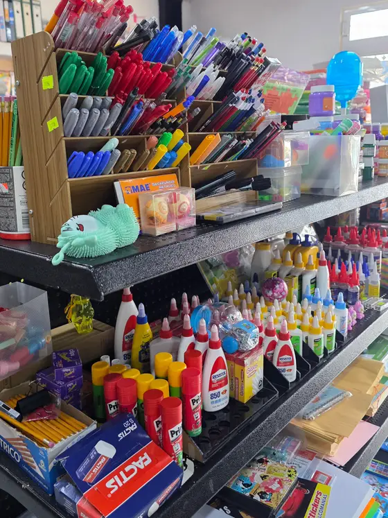 Organizador de madera lleno de plumas, marcadores y lápices, y abajo el estante de pegamentos